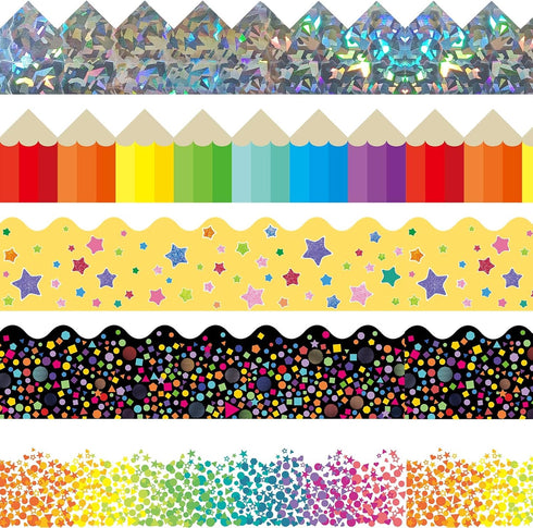 100 Ft Bulletin Board Borders, 100 Sheets Border Trim, Adhesive Decoration Bulletin Board Border for School/Classroom/Office(5 Designs)...
