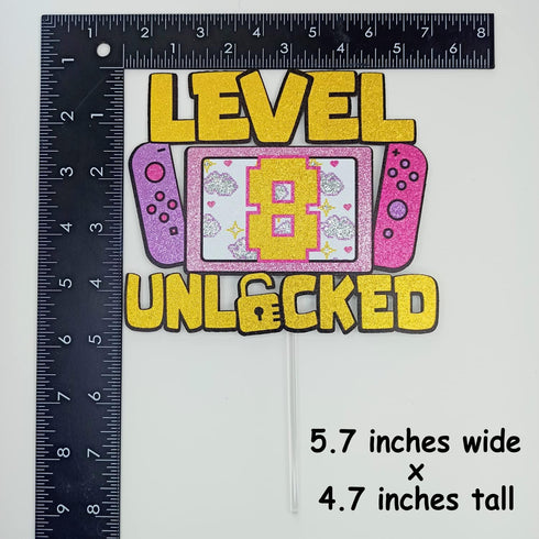 Girls Level 8 Unlocked Cake Topper, Glitter Girls Gaming 8th Birthday Cake Topper, Video Game Theme Party Decoration, Girl Gamer Birthday Favor...