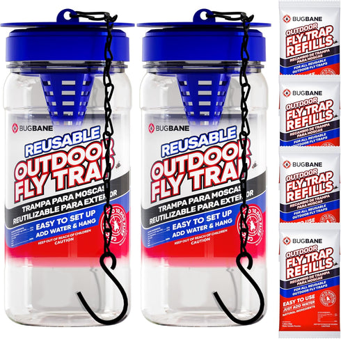2 Reusable Fly Traps Outdoor Fly Traps with 4 Natural Fly Magnet Bait Refill. Flies Trap Outdoor Reusable Fly Trap Jar Fly Trap Fly Catchers Outdo...