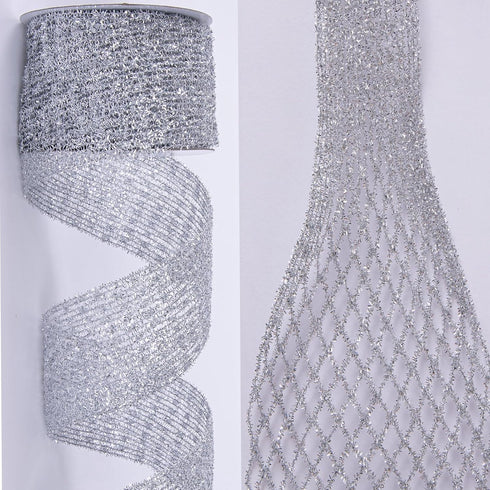 Silver Stretchable Glitter Diamond Mesh Ribbon Wired Ribbon Wide 2.5" to 7" for Christmas Tree,Wreaths Supplies,Home Decor, Gift Wrapping,DIY Craf...