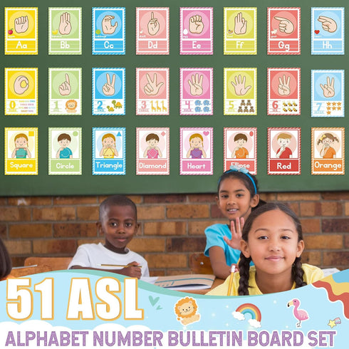 gisgfim 51Pcs ASL Alphabet Line Bulletin Board Set Sign Language Flash Cards ABC Number Learning American Sign Language Poster for Kid Toddler Cla...