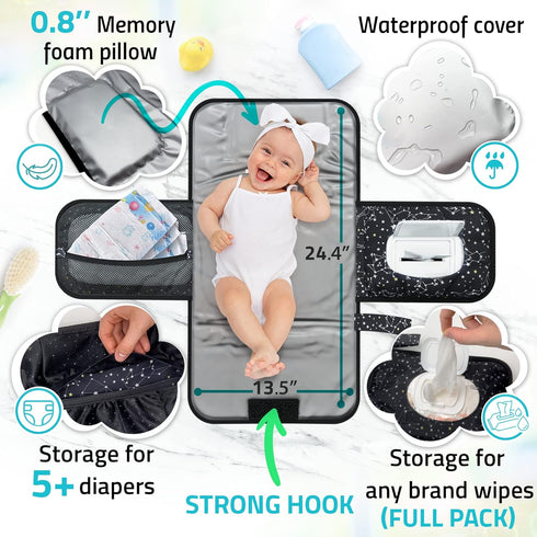 Portable Baby Diaper Changing Pad - w/Soft Built-in Pillow & Strap for Strollers - Comfortable, Lightweight & Waterproof - Made with Premium Mater...