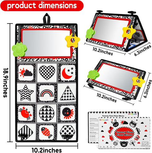 Dr.Rapeti Tummy Time Floor Mirror for Baby Infant Toddler Kids Black and White High Contrast baby toy with Teethers Floor Activity Toy Washable No...