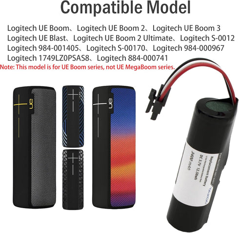 Replacement Battery for Logitech UE Boom/UE Boom2/UE Blast/UE Boom 3 Wireless Bluetooth Speaker fits Part No Logitech S-00151/S-00122/S-00170/S-00...
