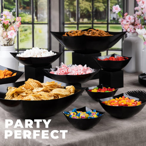 PLASTICPRO Disposable Square Serving Bowls, Party Snack or Salad Bowl, Plastic Black Pack of 4, 8 OUNCE, Black...