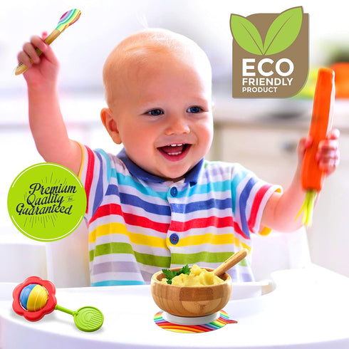 NutriChef Bamboo Baby Feeding Bowl - Wooden Infant Toddler Dish and Spoon Set w/Silicone Suction Base for Stay Put Eating, For Children Aged 4-72 ...