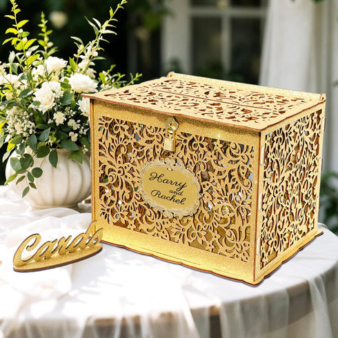 OurWarm Glittery Gold Wedding Card Box with Lock, Wood Gift Card Box for Wedding Reception, Envelope Box for Party Graduation Birthday Baby Shower...