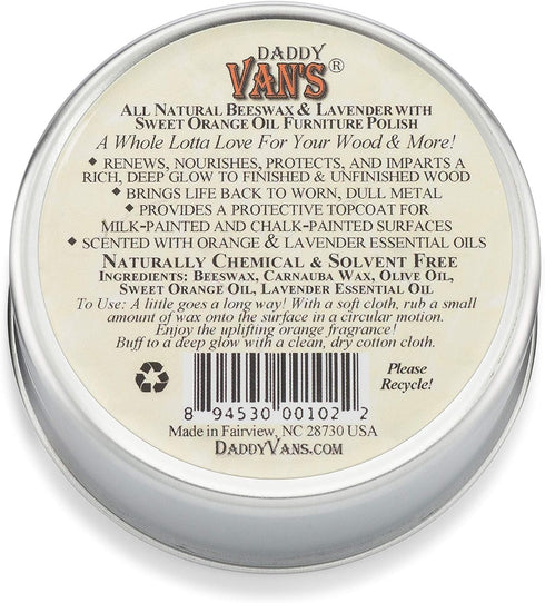 Daddy Van's Beeswax Furniture Polish – Natural Wood Polish with Lavender & Sweet Orange Oil – Non-Toxic, Chemical-Free, Eco-Friendly Wood Conditio...
