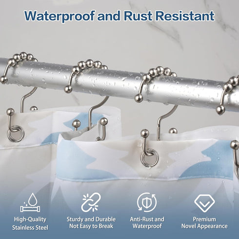 DAWNER Shower Curtain Hooks, Rust Proof Metal Easy Glide Double Rings, Stainless Steel Hangers for Bathroom Curtains, Set of 12, Brushed Nickel...