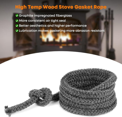 Stanbroil Wood Stove Gasket, 1/2" x 84" Graphite Impregnated Fiberglass Rope Seal and High-Temperature Cement Gasket Kit Replacement for Wood Stov...