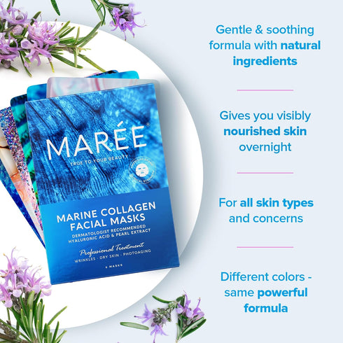 MAREE Facial Masks with Marine Collagen & Hyaluronic Acid - Sheet Moisturizing Masks for Face with Green & Red Algae Extract for All Skin Types - ...