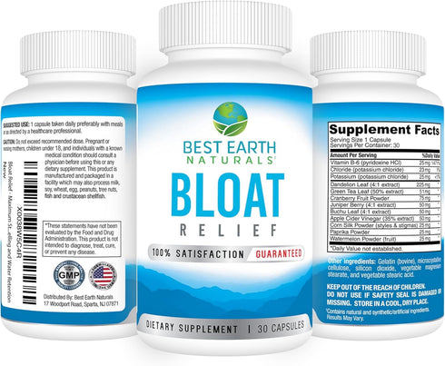 Best Earth Naturals Bloat Relief - Water Supplement with Dandelion, Green Tea, Cranberry, Apple Cider Vinegar & More 30 Count...