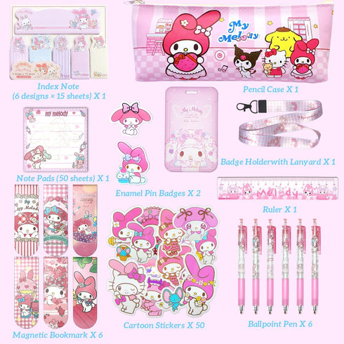 My Melody School Supplies Set, Melody Stationery Set, Cute School Office Supplies Set, Including Pencil Case Stickers ID Card Holder...