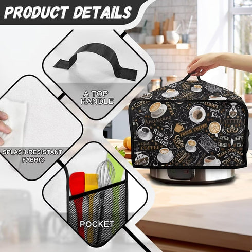 Coffee Pattern Slow Cooker Cover Portable Insulated Kitchen Appliance Dust Cover with Top Handle and Side Pockets Washable Sofy Fabric Compatible ...
