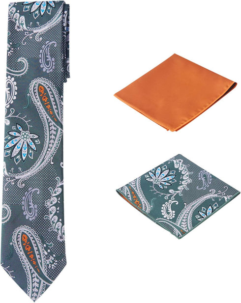 Men's Woven Paisley Regular Length Neck Tie with 2 Handkerchief Pocket Squares Hanky Set - Green Orange...