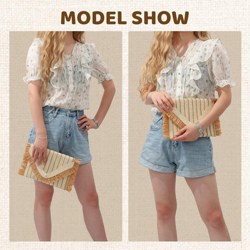 Straw Clutch Purse for Women Envelope Beach Bag with Fringe Trim Summer Woven Clutch Handbag...