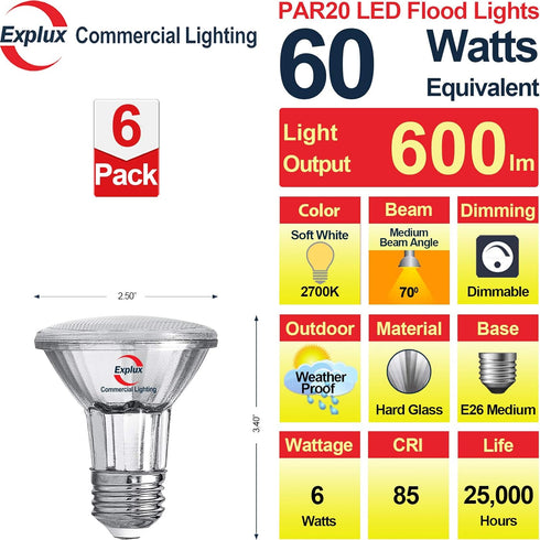 Explux Commercial-grade LED PAR20 Flood Light Bulbs, 60W Equivalent 600 Lumens, Dimmable, Full-glass Waterproof & Anti-Ageing, Soft White 2700K, 6...