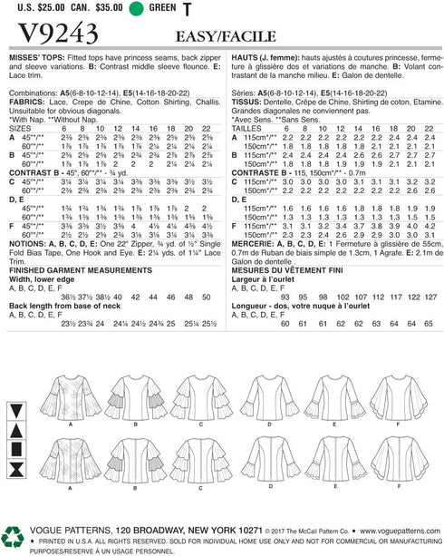 Vogue Patterns Misses' Princess Seam Tops with Flared Sleeve Variations Sewing Pattern, 14-16-18-20-22, Green...