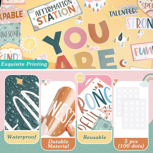 45pcs Boho Affirmation Station Bulletin Board Set Motivational Posters Classroom Mirror Growth Mindset Decor Positive Affirmations Accents Cutouts...