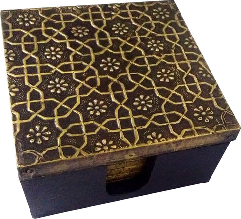 Purpledip Wooden Coasters (Set of 5): Brass Sheet Covered Mango-Wood Barware (11788)...