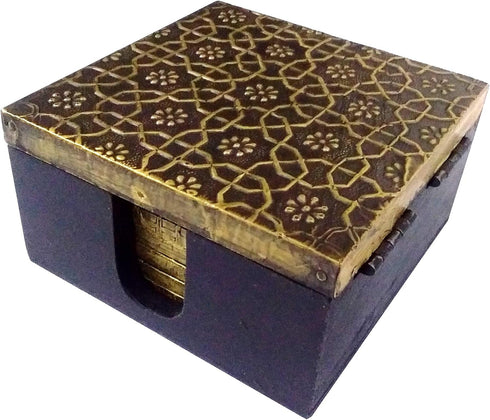 Purpledip Wooden Coasters (Set of 5): Brass Sheet Covered Mango-Wood Barware (11788)...