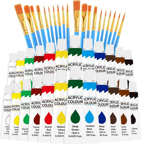 2 Pack Acrylic Paint Set 12 Colors,20 Paint Brushes,24 Paints for Adults,Kids,Beginner,Professional Artists,Non-Toxic Craft Paint kit for Paper,Ca...