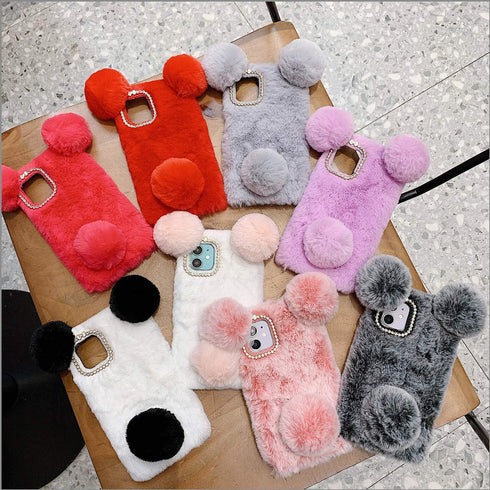 LUVI for iPhone 12 Pro Max Plush Furry Case Fuzzy Fluffy Ball Rabbit Faux Fur Hair Cute Cartoon Bear Ear with Bling Glitter 3D Diamond Bowknot Cam...