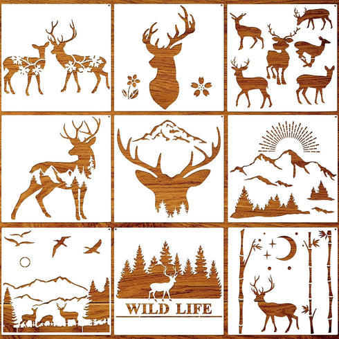 9 Piece Forest Deer Wolf Mountain Stencils Moon Bamboo Pattern Animal Flower Reusable Templates Forest Theme DIY Stencils with Metal Open Ring for...