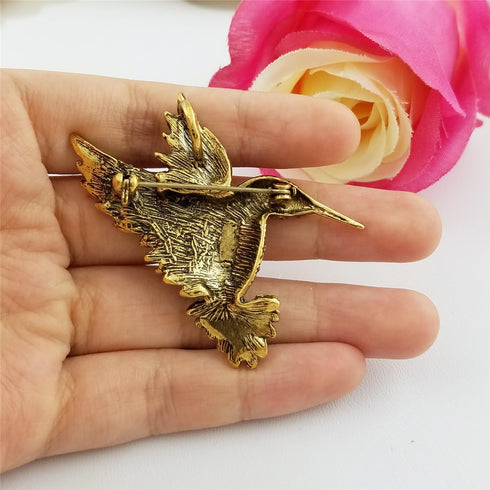 SELOVO Antique Gold Tone Bird Hummingbird Multi Color Austrian Crystal Pin Brooch...