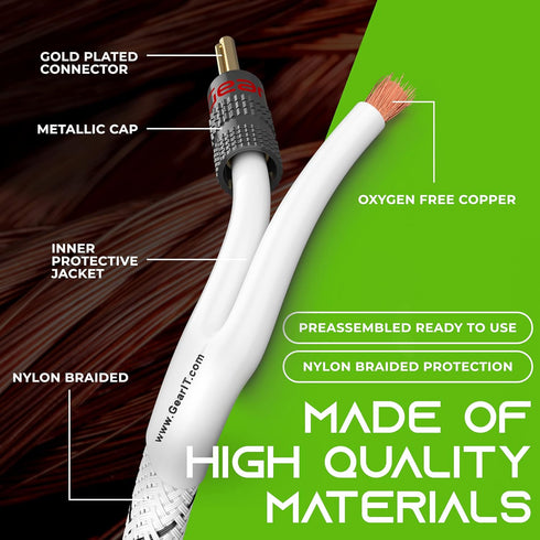 GearIT 12AWG Premium Heavy Duty Braided Speaker Wire (3 Feet) with Dual Gold Plated Banana Plug Tips - Oxygen-Free Copper (OFC) Construction, Whit...