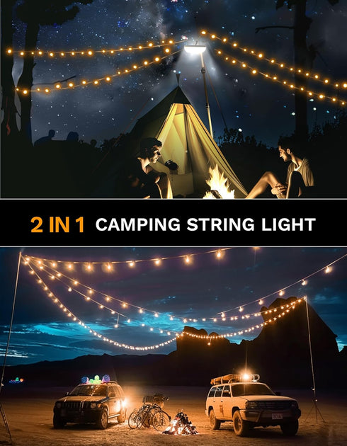 Camping String Lights, 2 in 1 Outdoor String Lights(33ft) Quick Storage Durable Waterproof String Light Portable Rechargeable Camping Light for Ca...
