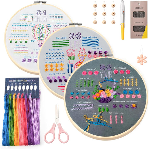 Dortusen 3 Sets Beginner Embroidery Kit for Adults Learn Different Stitches DIY Kits Includes Embroidery Tools Easy to Follow Instruction......