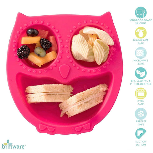 Suction Silicone Baby Plate/Bowl- Child Divided Plates Toddler and Kids Non-Slip Grip Dish Safe for Microwave, Oven, and Dishwasher - Owl (Pink)...