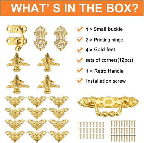 Gold Jewelry Box Antique Lock Latch Hasp Hinges Handle Box Corner Protectors Kit for DIY Jewelry Box, Wood Case Jewelry Chest Storage Box Feet Leg...