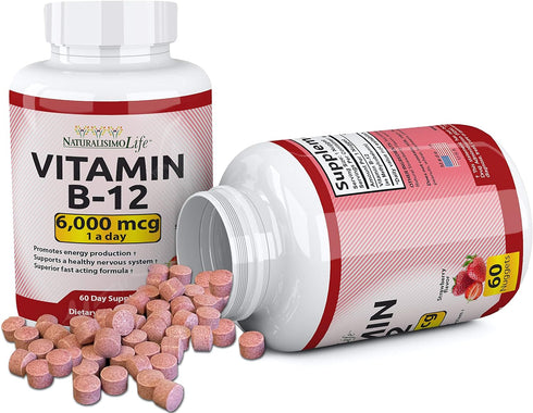 Vitamin B12 6,000 mcg Maximum Strength Fast Acting Formula Strawberry Flavor Nuggets Promotes Energy Production Supports The Nervous System 60 Nug...