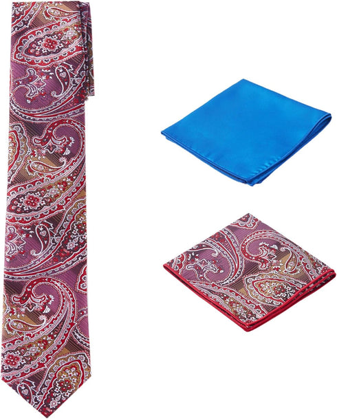 Men's Woven Paisley Regular Length Neck Tie with 2 Handkerchief Pocket Squares Hanky Set - Burgundy Blue...