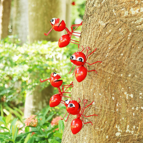 Metal Yard Art Garden Decor Cute Ant Outdoor Wall Sculptures Patio Lawn Ornament Fence Decoraions - Set of 4 Red...