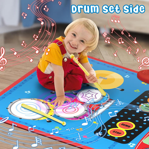 2-in-1 Musical Mat Toys for 1 2 3 4 5 Year Old, Piano Keyboard & Drum Set with 2 Drum Sticks, Early Educational Musical Learning Toys Birthday for...