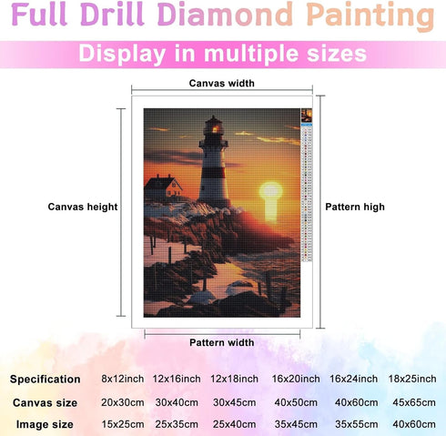 Champi Diamond Painting Kit for Adults - Seaside Lighthouse Sunrise Diamond Painting Kit, DIY Oil Painting Landscape Crafts for Beginners, Suitabl...