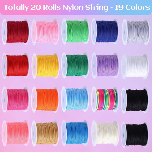 Nylon String for Bracelets, 20 Rolls Chinese Knotting Cord 0.7mm Kumihimo Friendship Bracelet String Making Kit Beading Thread for Jewelry Making,...