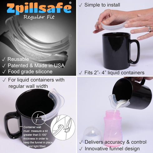 ZpillSafe® Regular Fit - Innovative Funnel for 2”- 4” Size Diameter Liquid Containers - Food Grade Silicone - Made in USA - Kitchen Gadgets (2 Pac...