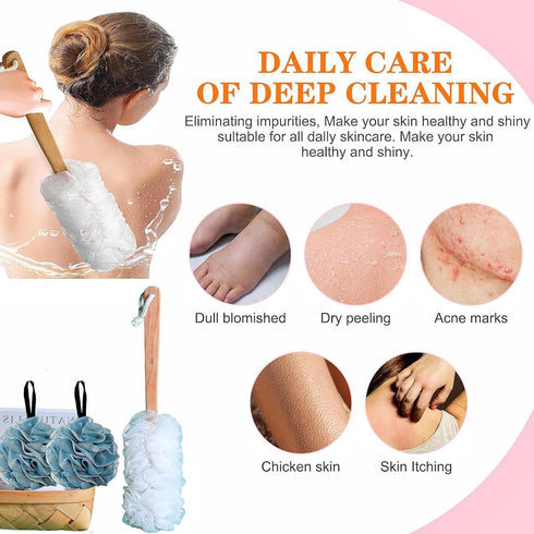 Large Loofah with Handle Shower Loofah, with Long Loofah Back Scrubber for Shower, PE Soft Mesh Loofah Body Scrubber, Bath Loofah Sponge Shower fo...