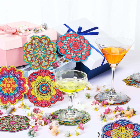 Round Diamond Art 6 Pieces of Diamond Painting Coasters with Brackets, Mandala Art Coasters, Adult DIY Diamond Art Crafts, Small Diamond Painting ...
