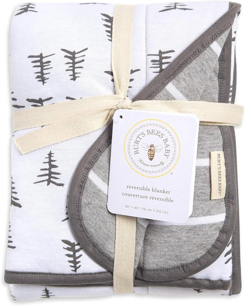 Burt's Bees Baby Infant Reversible Blankets 100% Organic Cotton GOTS Certified - Pine Forest Prints with Quilting Pattern Soft Nursery Blanket wit...