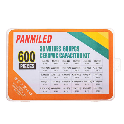 PANMILED 30 Values 600 Pieces Ceramic Capacitor 10PF to 680PF and 1NF to 680NF and 1UF to 10UF Multilayer Monolithic Ceramic Capacitor Assortment ...