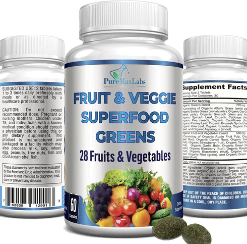 Fruit and Veggie Superfood Greens - 28 Fruits and Vegetables incl. Alfalfa, Barley Grass, Spirulina, Beet Root, Tart Cherry, Concentrated Natural ...