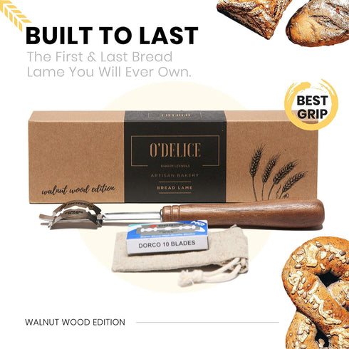 Handcrafted Bread Lame Made of Rich Dark Walnut Wood - Superior Handgrip Design for Easy Use & Clean Cuts - Natural Cork Storage Case with 10 Repl...