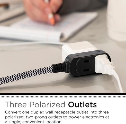 Cordinate Designer 3-Outlet Extension Cord, 2 Prong Power Strip, Extra Long 8 Ft Cable with Flat Plug, Braided Chevron Fabric Cord, Slide-to-Lock ...