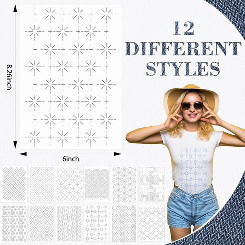 Hahafelt 12pcs Sashiko Embroidery Pattern Stabilizers Water Soluble Embroidery Transfer Patterns Stencils Stick and Stitch Embroidery Designs Sash...