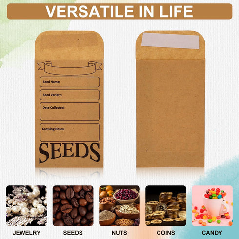 200pcs Seed Envelopes, Reusable Self Sealing Seed Storage Paper Bag Printed with Types Name Template Small Seed Packets for Seeds Saving & Collect...